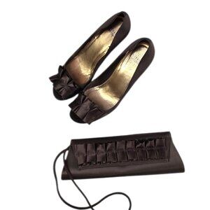 Stuart Weitzman Satin Ruffle Peep Toe Heels, Brown, Matching Clutch, Set, Sz 9.5
